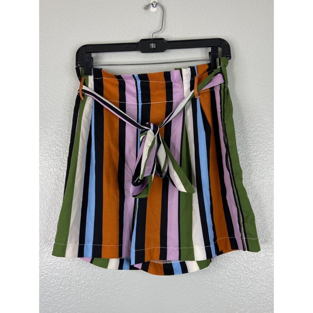 Davi & Dani Women Medium Striped Shorts Paperbag Multicolor Tie Belt Casual